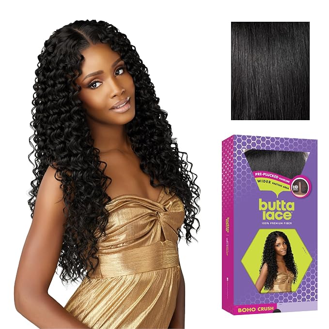 Sensationnel Butta Lace Wig, Boho Crush, extra wide 5 inch deep parting, jet black